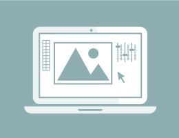 zweifarbiges Vektorbild: Laptop mit schematischer Anwendung eines Bildbearbeitungsprogrammes