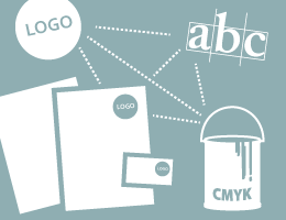 zweifarbiges Vektorbild: mit charekteristischen Symbolen für Corporate Design. Buchstaben, Farbeimer, Briefbogen, 	
                                Visitenkarte, Logo Symbol