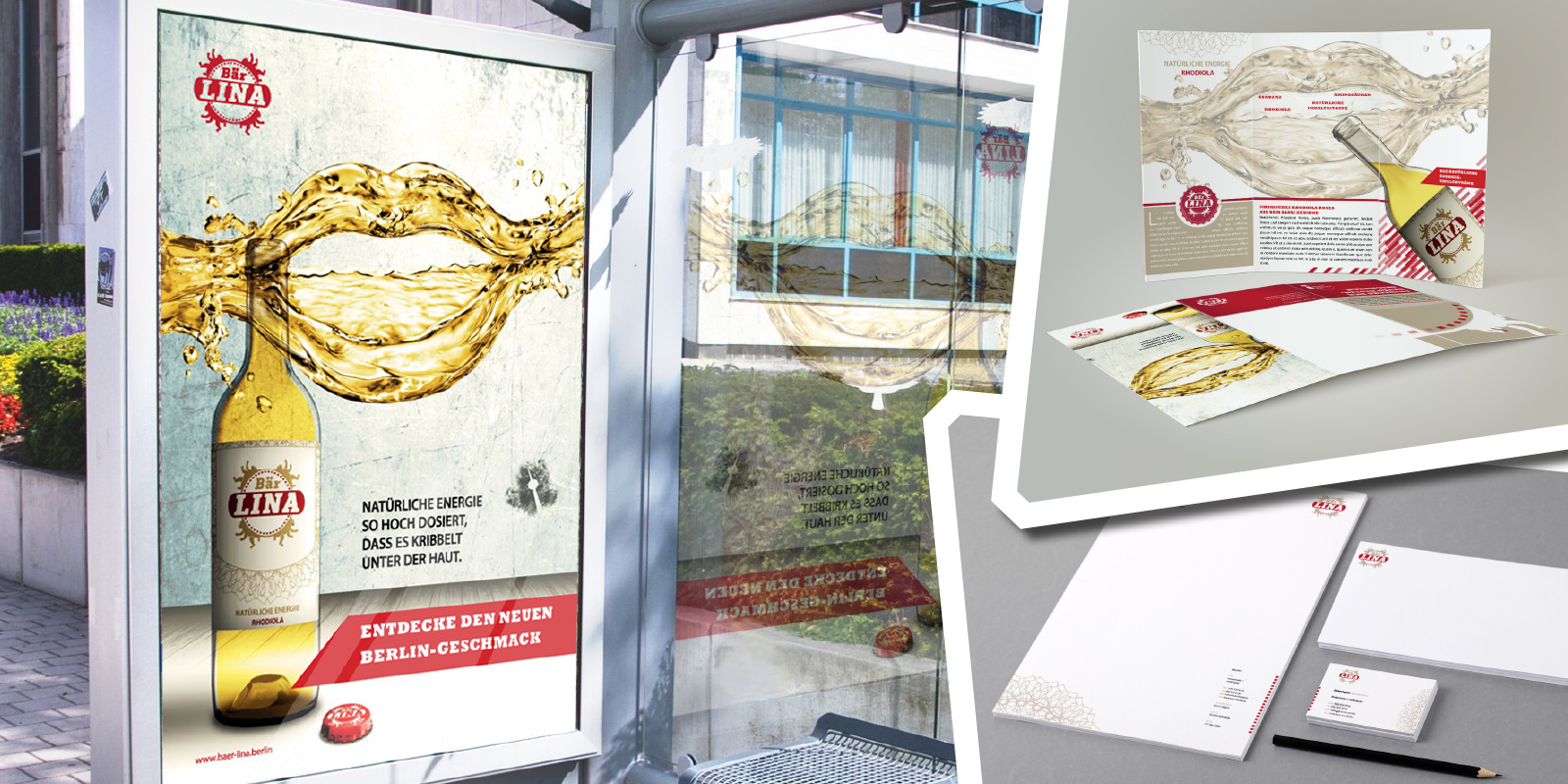 Fotomontage eines Citylightposters, Wickelfalzflyerentwurf, Briefpapapier, Briefumschlag, Visitenkarte und Stift