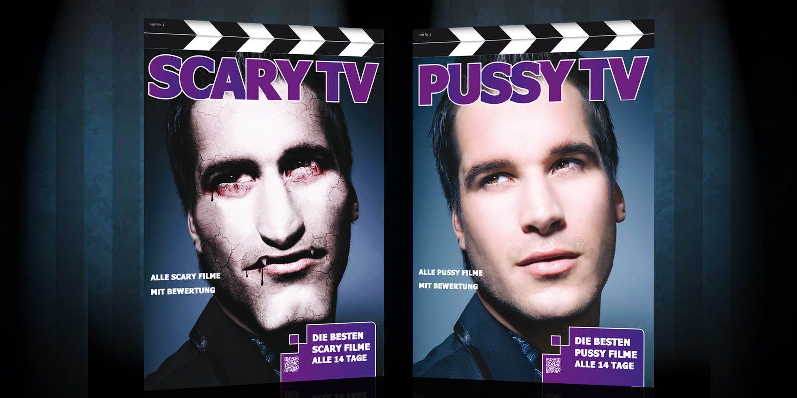 zwei identische TV Magazin Cover mit Unterschieden nebeneinander. Beide zeigen den gleichen jungen Mann. Das linke ist retuschiert in ein Vampir verwandelt.