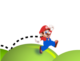 Supermario Spielefigur über Hügel hüpfend