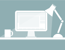 zweifarbiges Vektorbild: Desktop mit Schreibtischlampe, Kaffeetasse und Monitor, der schematisch eine Anwendung zeigt