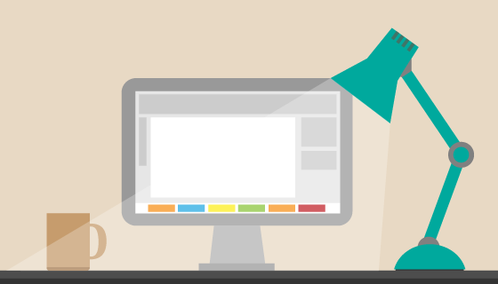 mehrfarbiges Vektorbild: Desktop mit Kaffeetasse, Schreibtischlampe, Monitor mit schematischer Abbildung einer Anwendung